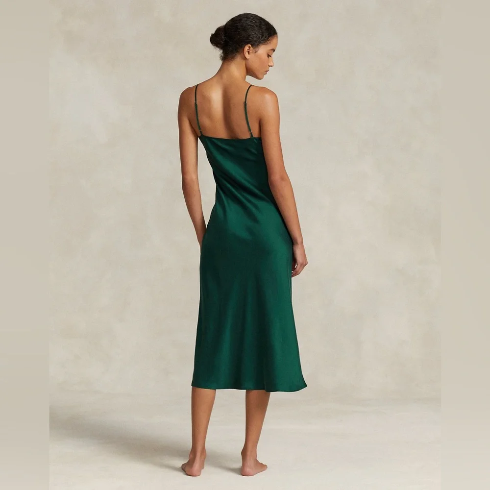 NWT Polo Ralph Lauren Lace-trim Silk Slip Dress in Green - Picture 4 of 5